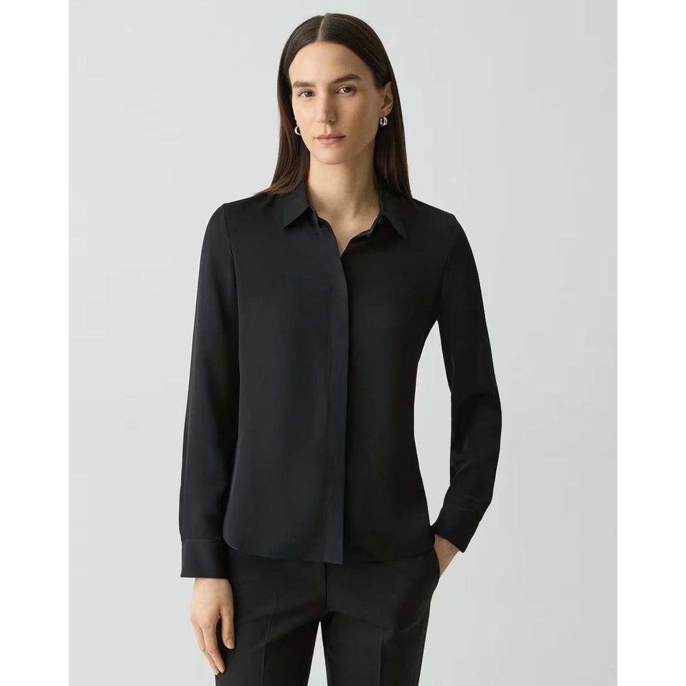 Theory Fitted Shirt in Silk Georgette Button Down Womens S Classic Black Luxury
